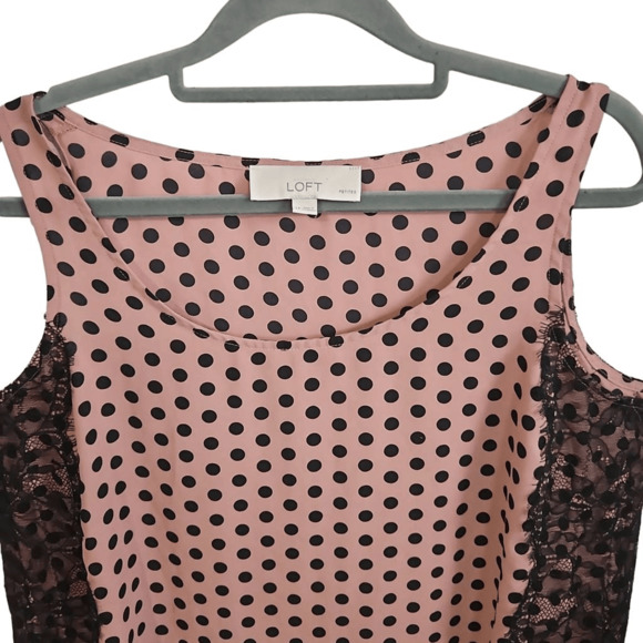 Loft Women's L Petite Scoop Neck Tank Top Mauve Tan Polka Dot And Black Lace - Picture 2 of 5